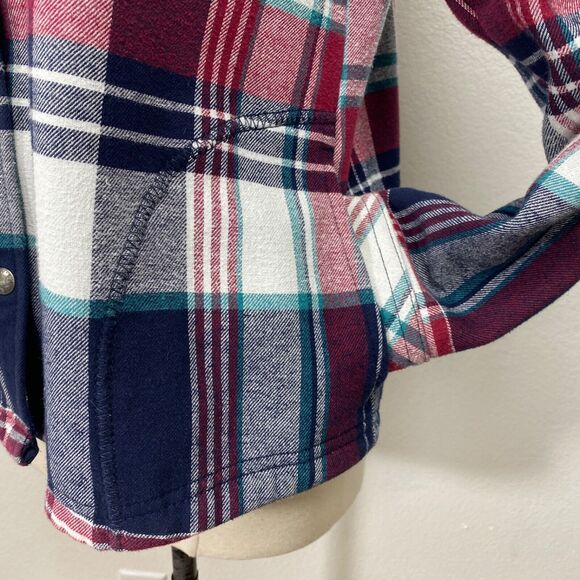 Orvis Womans Plaid Cotton Shacket Medium Blue Red Snap Front Pockets Chore Work - Picture 6 of 12